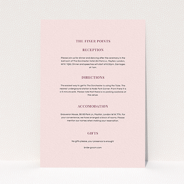 A wedding info sheet design called "North Star". It is an A6 card in a portrait orientation. "North Star" is available as a flat card, with mainly light pink colouring.