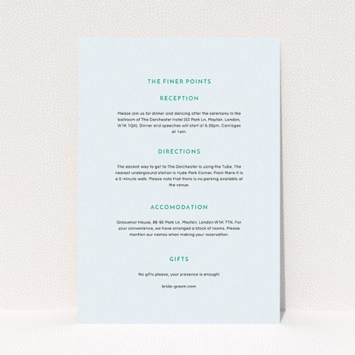 A wedding info sheet named "Off and away". It is an A5 card in a portrait orientation. "Off and away" is available as a flat card, with mainly light blue colouring.