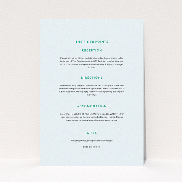 A wedding info sheet named "Off and away". It is an A5 card in a portrait orientation. "Off and away" is available as a flat card, with mainly light blue colouring.