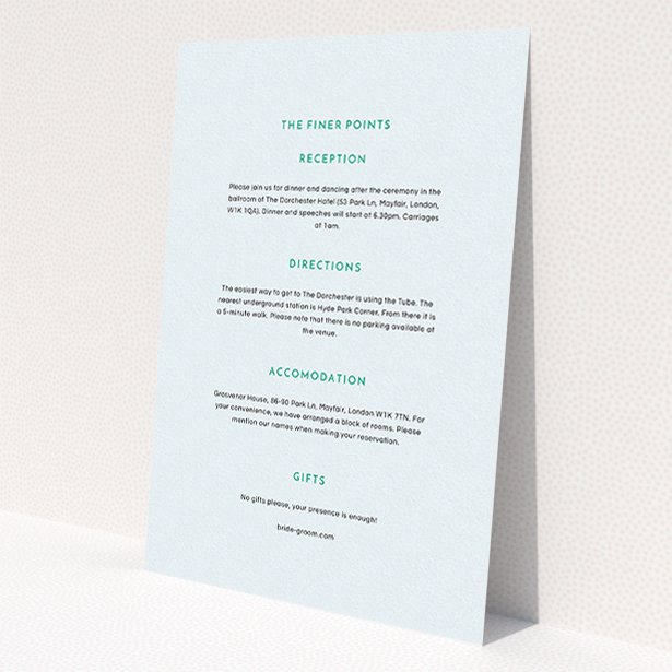 A wedding info sheet named 'Off and away'. It is an A5 card in a portrait orientation. 'Off and away' is available as a flat card, with mainly light blue colouring.