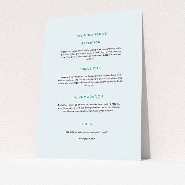 A wedding info sheet named "Off and away". It is an A5 card in a portrait orientation. "Off and away" is available as a flat card, with mainly light blue colouring.