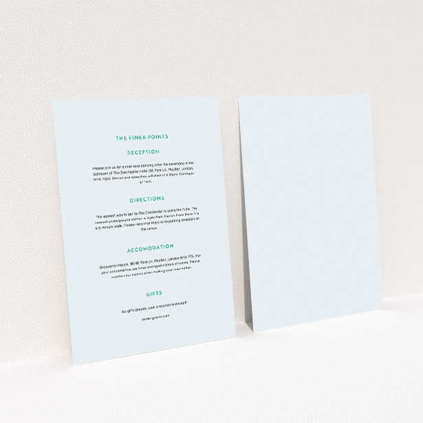A wedding info sheet named "Off and away". It is an A5 card in a portrait orientation. "Off and away" is available as a flat card, with mainly light blue colouring.