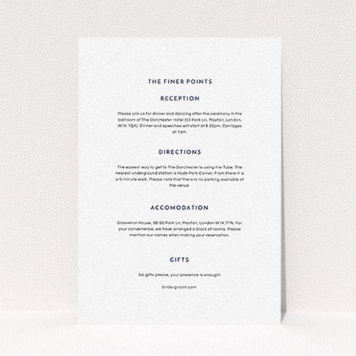 A wedding info sheet template titled "Off and away". It is an A6 card in a portrait orientation. "Off and away" is available as a flat card, with mainly white colouring.