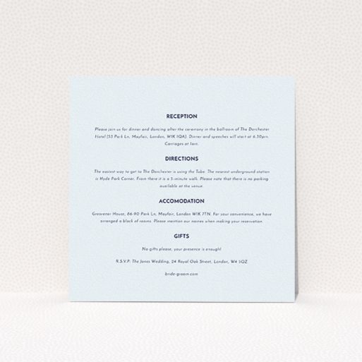 A wedding info sheet design named "Olive branch stamp". It is a square (148mm x 148mm) card in a square orientation. "Olive branch stamp" is available as a flat card, with mainly light blue colouring.