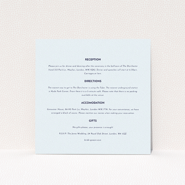 A wedding info sheet design named "Olive branch stamp". It is a square (148mm x 148mm) card in a square orientation. "Olive branch stamp" is available as a flat card, with mainly light blue colouring.