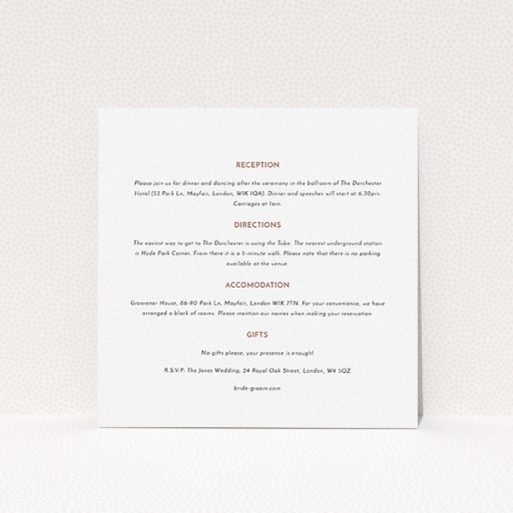 A wedding info sheet template titled "Olive branch stamp". It is a square (148mm x 148mm) card in a square orientation. "Olive branch stamp" is available as a flat card, with mainly white colouring.
