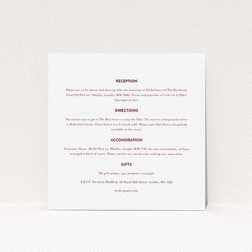 A wedding info sheet design called "Olive branch stamp". It is a square (148mm x 148mm) card in a square orientation. "Olive branch stamp" is available as a flat card, with mainly white colouring.