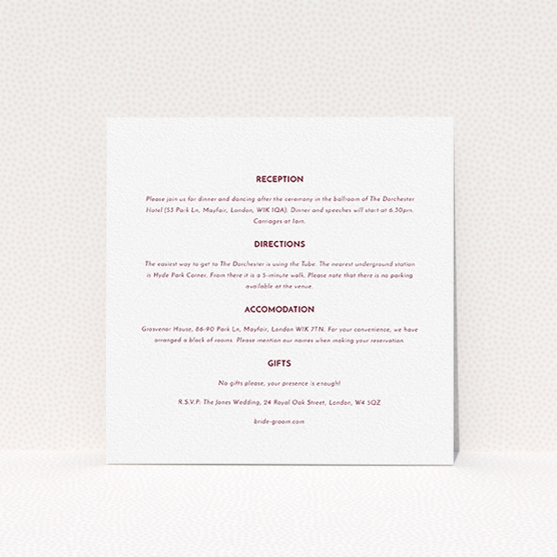 A wedding info sheet design called "Olive branch stamp". It is a square (148mm x 148mm) card in a square orientation. "Olive branch stamp" is available as a flat card, with mainly white colouring.