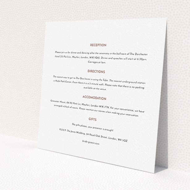 A wedding info sheet template titled 'Olive branch stamp'. It is a square (148mm x 148mm) card in a square orientation. 'Olive branch stamp' is available as a flat card, with mainly white colouring.