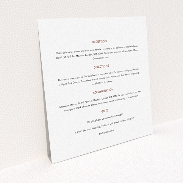 A wedding info sheet template titled "Olive branch stamp". It is a square (148mm x 148mm) card in a square orientation. "Olive branch stamp" is available as a flat card, with mainly white colouring.