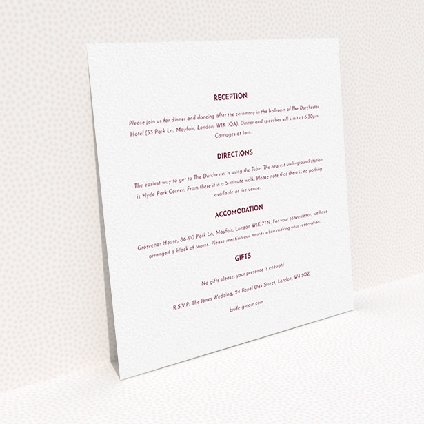A wedding info sheet design called "Olive branch stamp". It is a square (148mm x 148mm) card in a square orientation. "Olive branch stamp" is available as a flat card, with mainly white colouring.