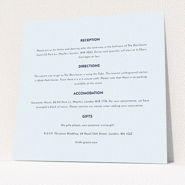 A wedding info sheet design named "Olive branch stamp". It is a square (148mm x 148mm) card in a square orientation. "Olive branch stamp" is available as a flat card, with mainly light blue colouring.