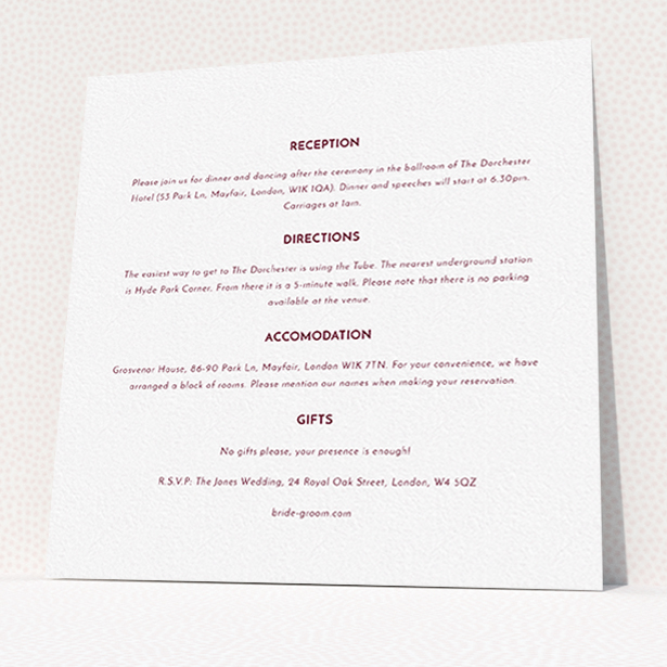A wedding info sheet design called "Olive branch stamp". It is a square (148mm x 148mm) card in a square orientation. "Olive branch stamp" is available as a flat card, with mainly white colouring.