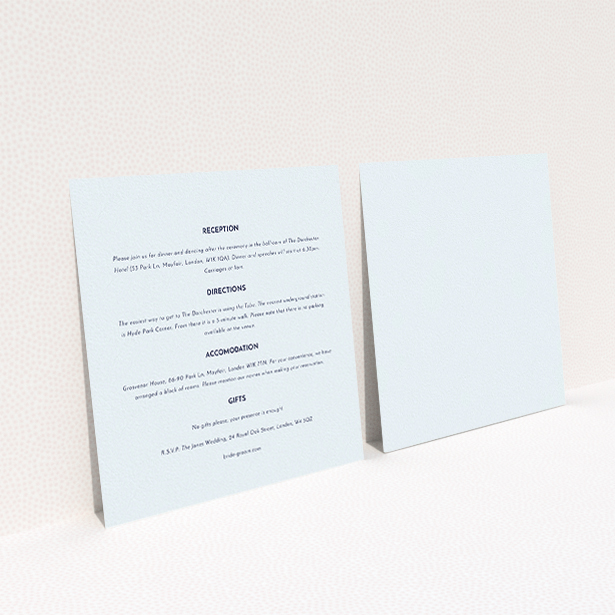 A wedding info sheet design named "Olive branch stamp". It is a square (148mm x 148mm) card in a square orientation. "Olive branch stamp" is available as a flat card, with mainly light blue colouring.