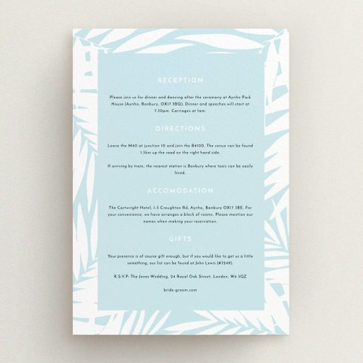 Wedding Info Sheet Design - "Pastel Jungle" A wedding info sheet design titled "Pastel Jungle". It is an A5 card in a portrait orientation. "Pastel Jungle" is available as a flat card, with tones of blue and white.