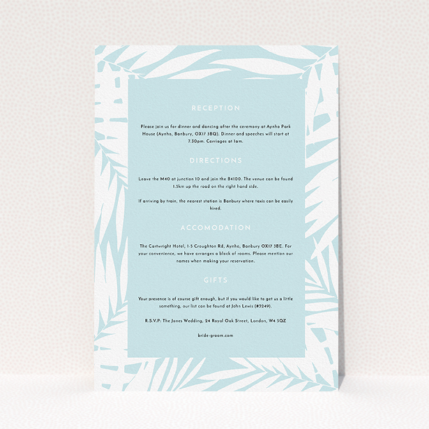 A wedding info sheet design titled "Pastel Jungle". It is an A5 card in a portrait orientation. "Pastel Jungle" is available as a flat card, with tones of blue and white.