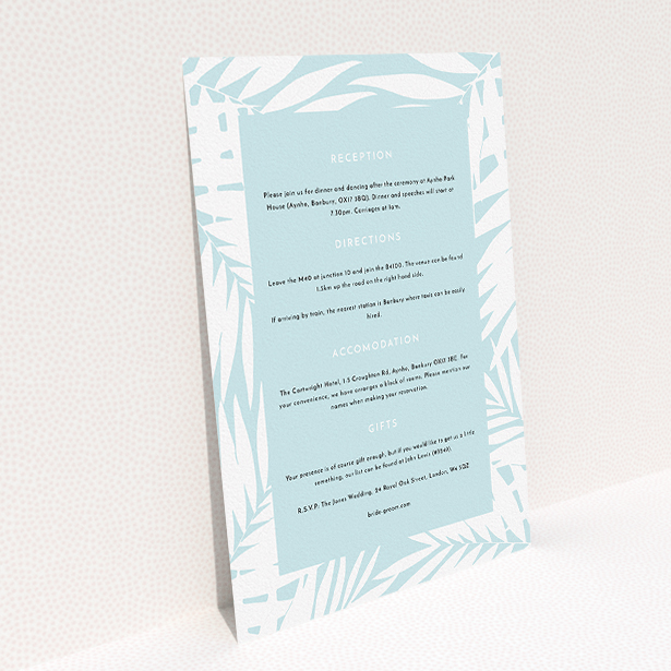 A wedding info sheet design titled "Pastel Jungle". It is an A5 card in a portrait orientation. "Pastel Jungle" is available as a flat card, with tones of blue and white.
