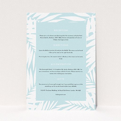 A wedding info sheet design called "Pastel Jungle". It is an A6 card in a portrait orientation. "Pastel Jungle" is available as a flat card, with tones of blue and white.