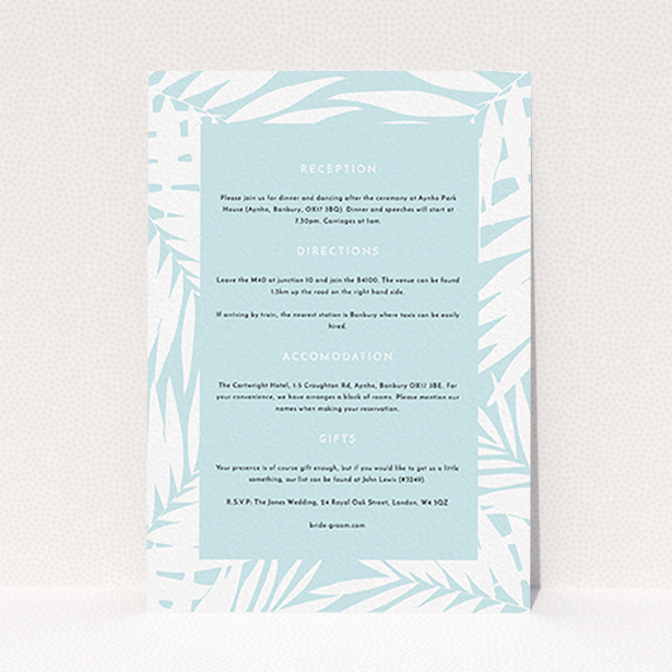 A wedding info sheet design called "Pastel Jungle". It is an A6 card in a portrait orientation. "Pastel Jungle" is available as a flat card, with tones of blue and white.