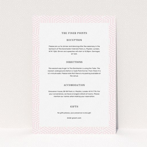 A wedding info sheet called "Pink geometric maze". It is an A5 card in a portrait orientation. "Pink geometric maze" is available as a flat card, with tones of light pink and white.