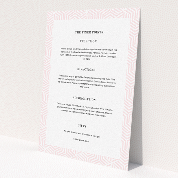 A wedding info sheet called 'Pink geometric maze'. It is an A5 card in a portrait orientation. 'Pink geometric maze' is available as a flat card, with tones of light pink and white.