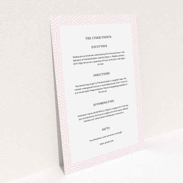A wedding info sheet called "Pink geometric maze". It is an A5 card in a portrait orientation. "Pink geometric maze" is available as a flat card, with tones of light pink and white.
