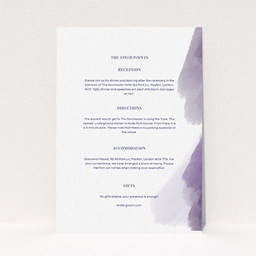A wedding info sheet design titled "Purple halftone". It is an A6 card in a portrait orientation. "Purple halftone" is available as a flat card, with tones of white and purple.