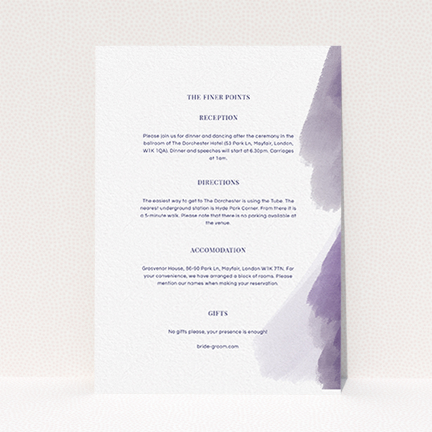 A wedding info sheet design titled "Purple halftone". It is an A6 card in a portrait orientation. "Purple halftone" is available as a flat card, with tones of white and purple.