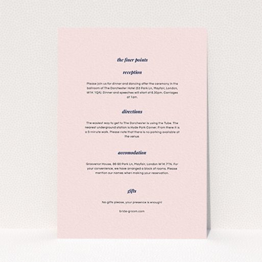 A wedding info sheet named "Script switch". It is an A6 card in a portrait orientation. "Script switch" is available as a flat card, with mainly light pink colouring.