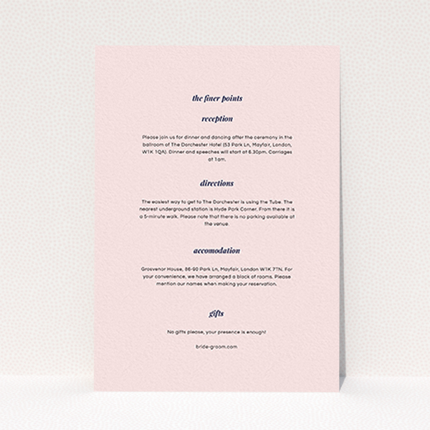 A wedding info sheet named "Script switch". It is an A6 card in a portrait orientation. "Script switch" is available as a flat card, with mainly light pink colouring.