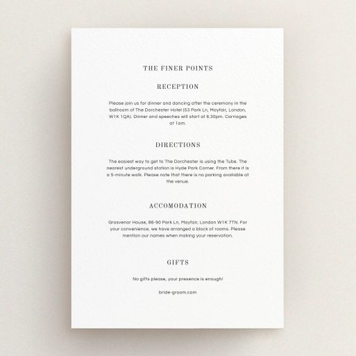 A wedding info sheet design named "See you at the reception". It is an A5 card in a portrait orientation. "See you at the reception" is available as a flat card, with mainly white colouring.