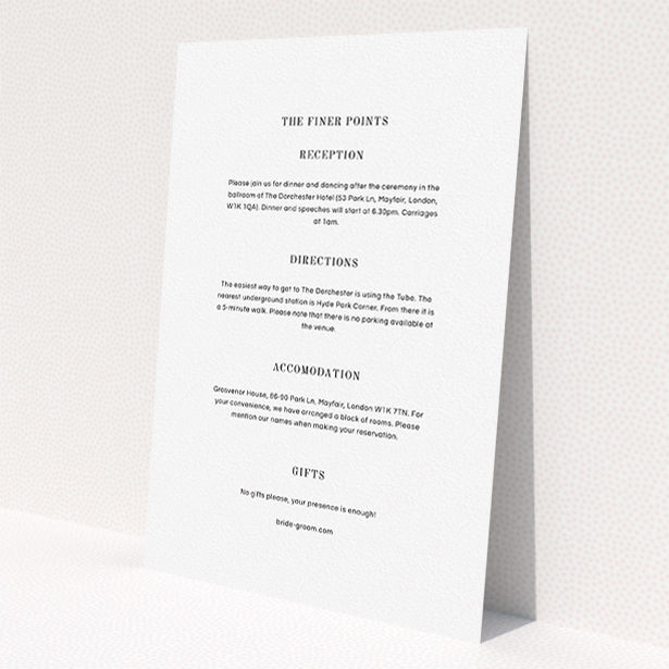 A wedding info sheet design named "See you at the reception". It is an A5 card in a portrait orientation. "See you at the reception" is available as a flat card, with mainly white colouring.