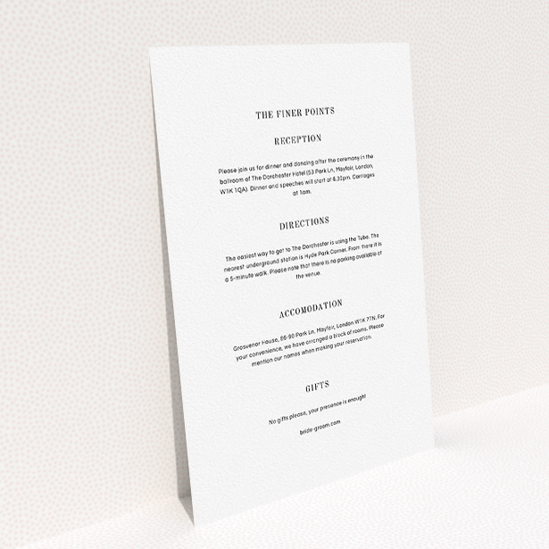 A wedding info sheet design named "See you at the reception". It is an A5 card in a portrait orientation. "See you at the reception" is available as a flat card, with mainly white colouring.