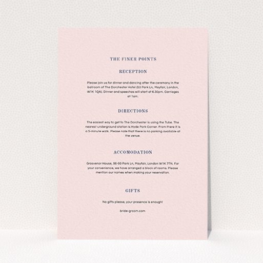 A wedding info sheet design named "See you at the reception". It is an A6 card in a portrait orientation. "See you at the reception" is available as a flat card, with mainly light pink colouring.