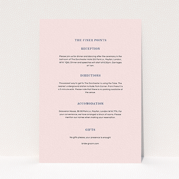 A wedding info sheet design named "See you at the reception". It is an A6 card in a portrait orientation. "See you at the reception" is available as a flat card, with mainly light pink colouring.
