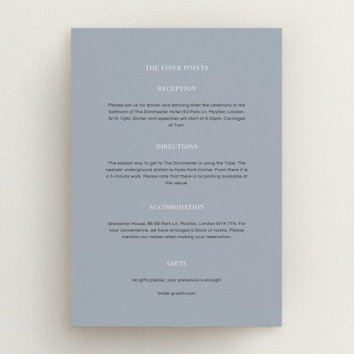 Wedding Info Sheet Design - "Shaded sundial" A wedding info sheet template titled "Shaded sundial". It is an A5 card in a portrait orientation. "Shaded sundial" is available as a flat card, with mainly dark grey colouring.