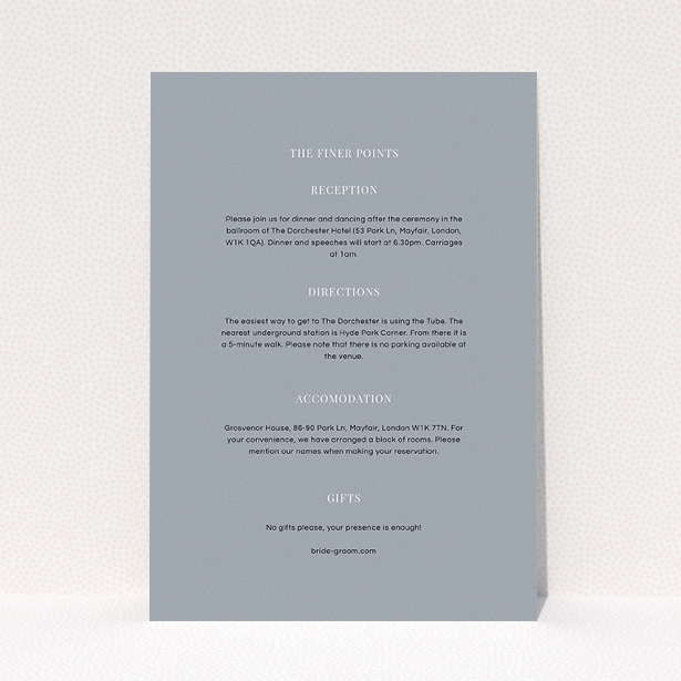 A wedding info sheet template titled "Shaded sundial". It is an A5 card in a portrait orientation. "Shaded sundial" is available as a flat card, with mainly dark grey colouring.