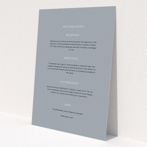 A wedding info sheet template titled 'Shaded sundial'. It is an A5 card in a portrait orientation. 'Shaded sundial' is available as a flat card, with mainly dark grey colouring.