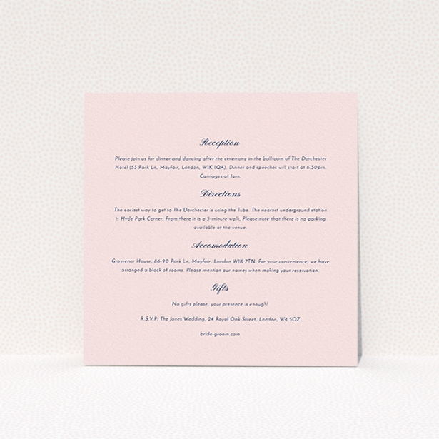 A wedding info sheet called "Shanghai Nights". It is a square (148mm x 148mm) card in a square orientation. "Shanghai Nights" is available as a flat card, with mainly light pink colouring.