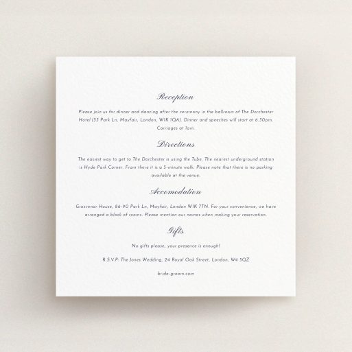 Wedding Information Insert Sheets - Shanghai Nights (Navy Blue) A wedding info sheet named "Shanghai Nights". It is a square (148mm x 148mm) card in a square orientation. "Shanghai Nights" is available as a flat card, with mainly white colouring.