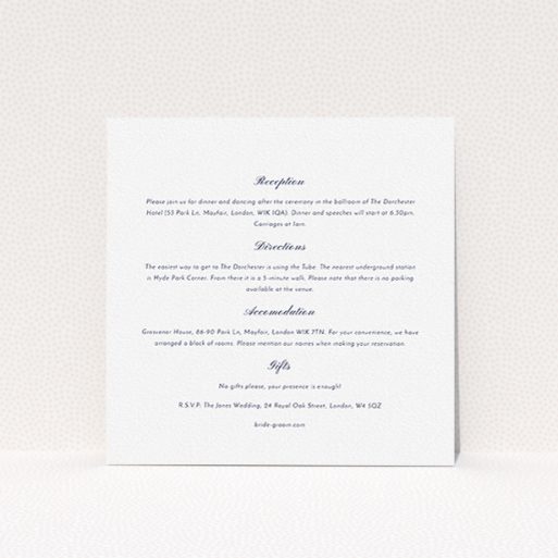 A wedding info sheet named "Shanghai Nights". It is a square (148mm x 148mm) card in a square orientation. "Shanghai Nights" is available as a flat card, with mainly white colouring.