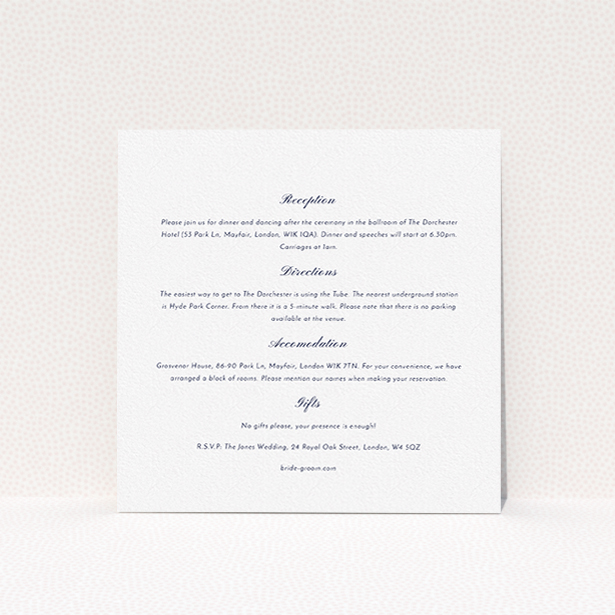 A wedding info sheet named "Shanghai Nights". It is a square (148mm x 148mm) card in a square orientation. "Shanghai Nights" is available as a flat card, with mainly white colouring.