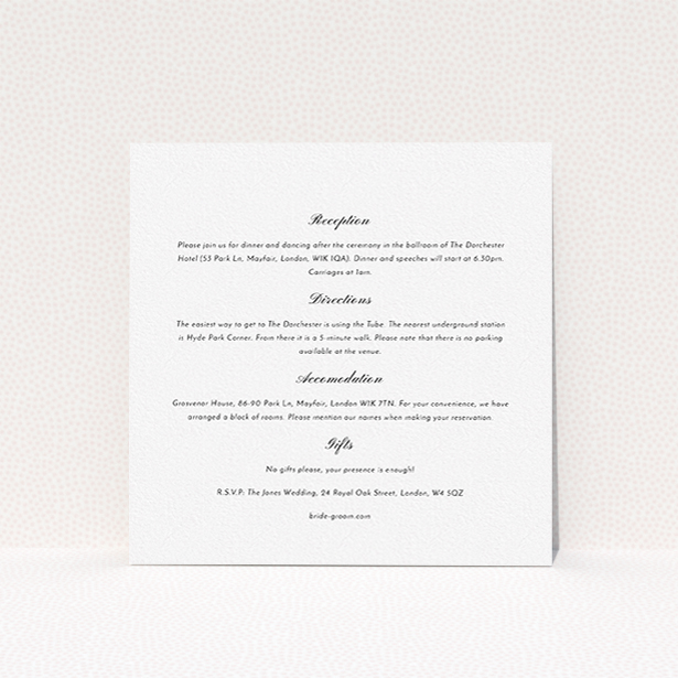 A wedding info sheet template titled "Shanghai Nights". It is a square (148mm x 148mm) card in a square orientation. "Shanghai Nights" is available as a flat card, with mainly white colouring.