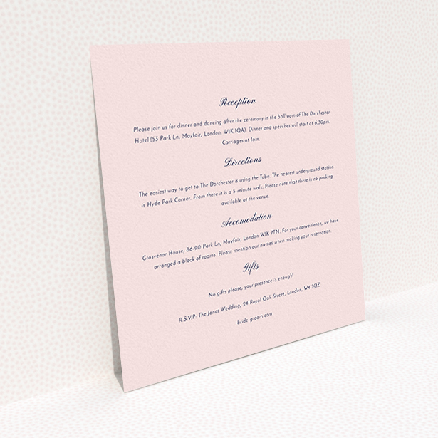 A wedding info sheet called "Shanghai Nights". It is a square (148mm x 148mm) card in a square orientation. "Shanghai Nights" is available as a flat card, with mainly light pink colouring.