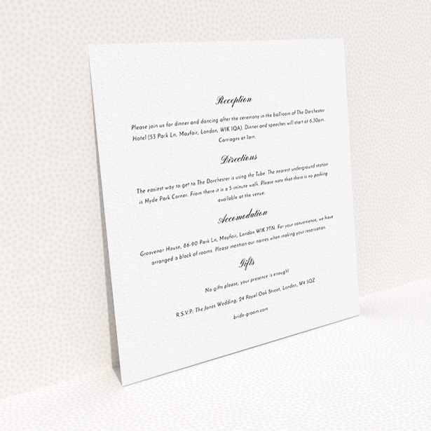 A wedding info sheet template titled "Shanghai Nights". It is a square (148mm x 148mm) card in a square orientation. "Shanghai Nights" is available as a flat card, with mainly white colouring.