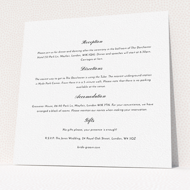 A wedding info sheet template titled "Shanghai Nights". It is a square (148mm x 148mm) card in a square orientation. "Shanghai Nights" is available as a flat card, with mainly white colouring.