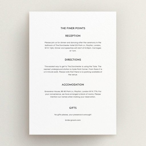 Wedding Info Sheet Design - "Side-by-side" A wedding info sheet template titled "Side-by-side". It is an A5 card in a portrait orientation. "Side-by-side" is available as a flat card, with mainly white colouring.
