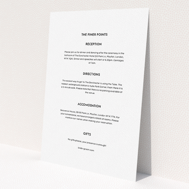 A wedding info sheet template titled 'Side-by-side'. It is an A5 card in a portrait orientation. 'Side-by-side' is available as a flat card, with mainly white colouring.