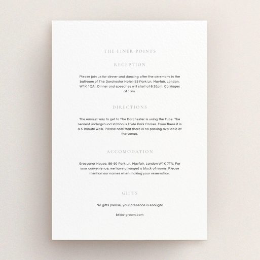 A wedding info sheet design named "Signature script". It is an A5 card in a portrait orientation. "Signature script" is available as a flat card, with mainly white colouring.