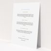 A wedding info sheet called "Signature script". It is an A5 card in a portrait orientation. "Signature script" is available as a flat card, with mainly white colouring.